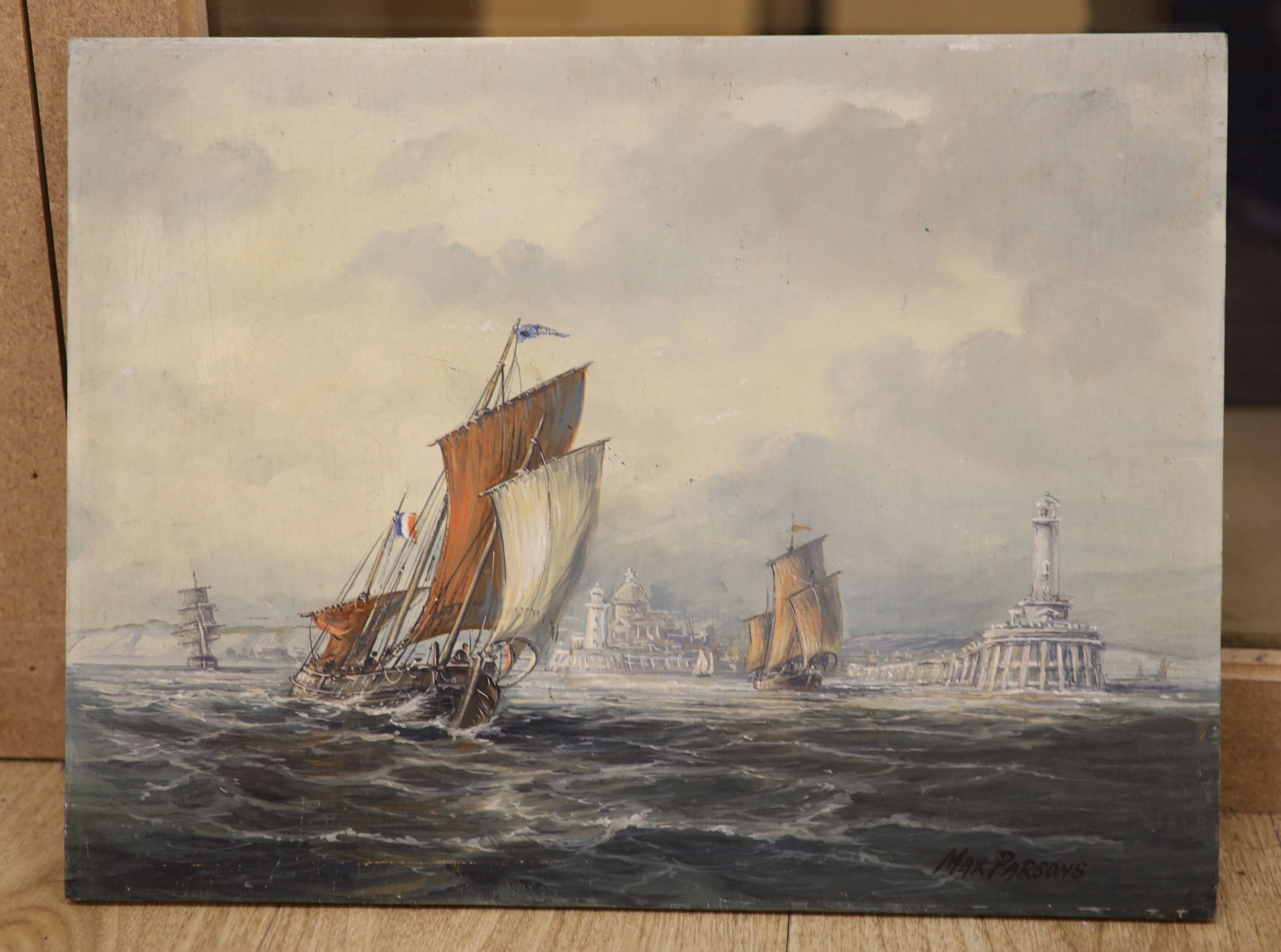 Max Parsons (1915-1998), oil on board, Fishing vessels off the coast, signed, 30 x 40cm, unframed